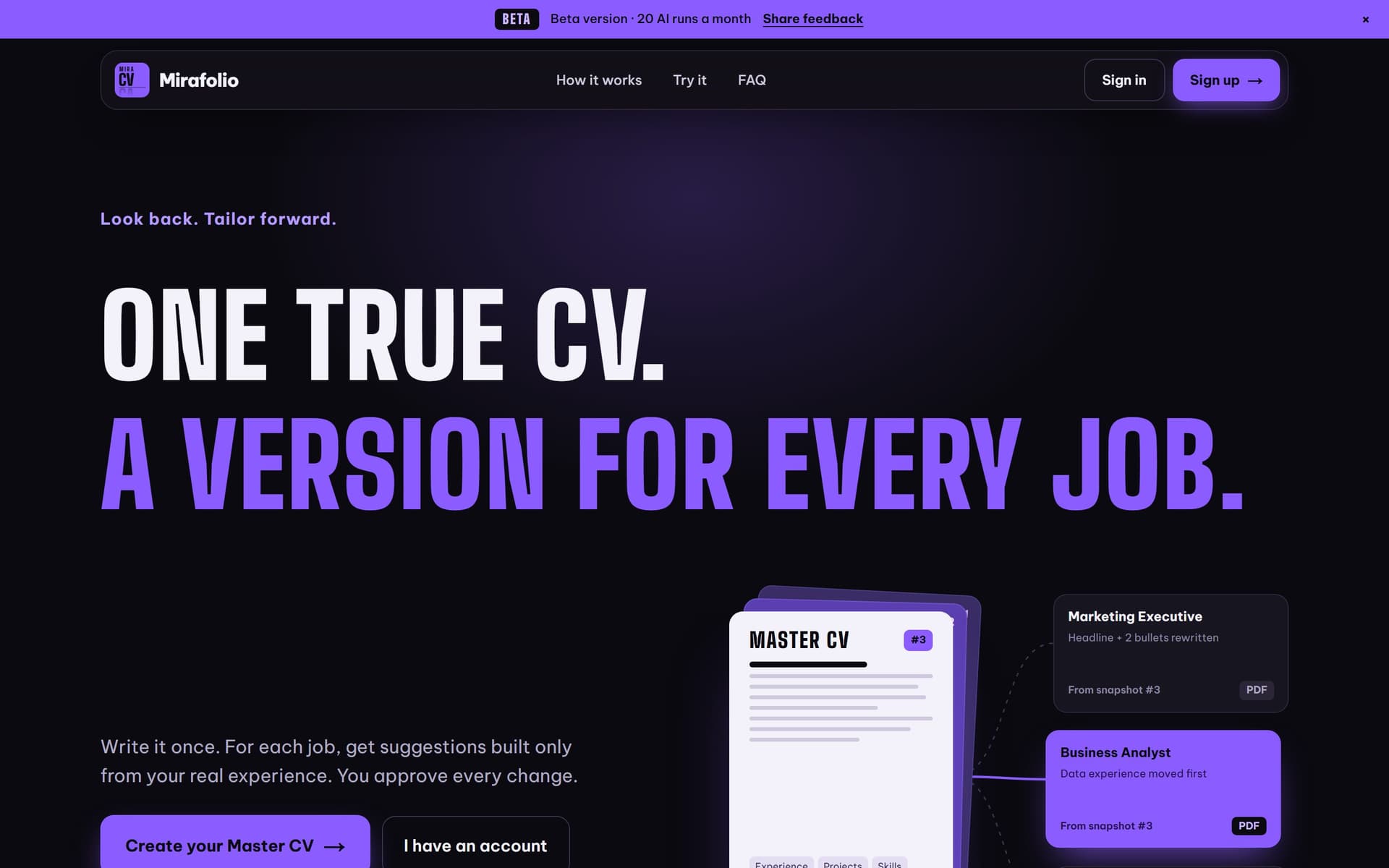 Mirafolio — screenshot of the live product