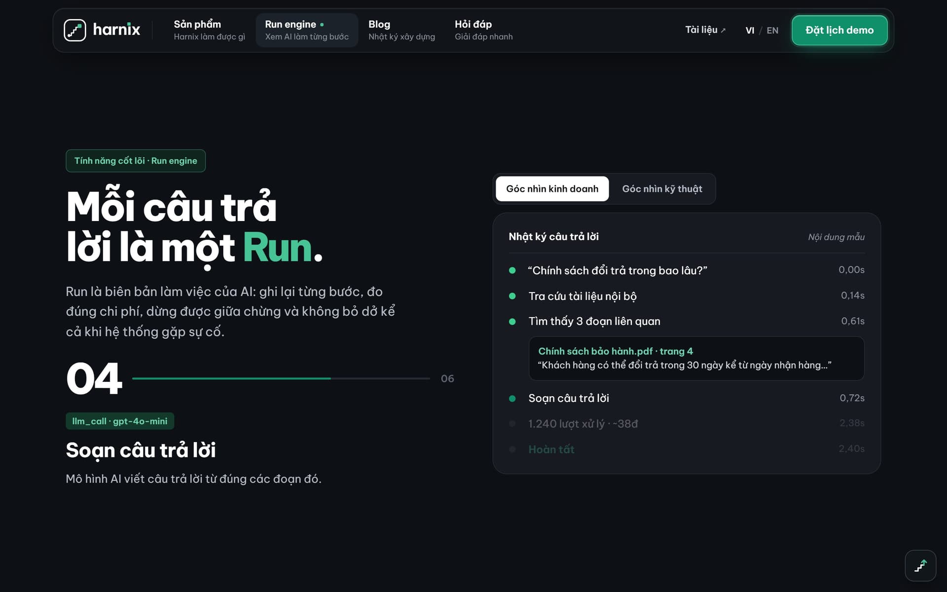 Run engine — one sample answer replayed step by step, with its source and cost